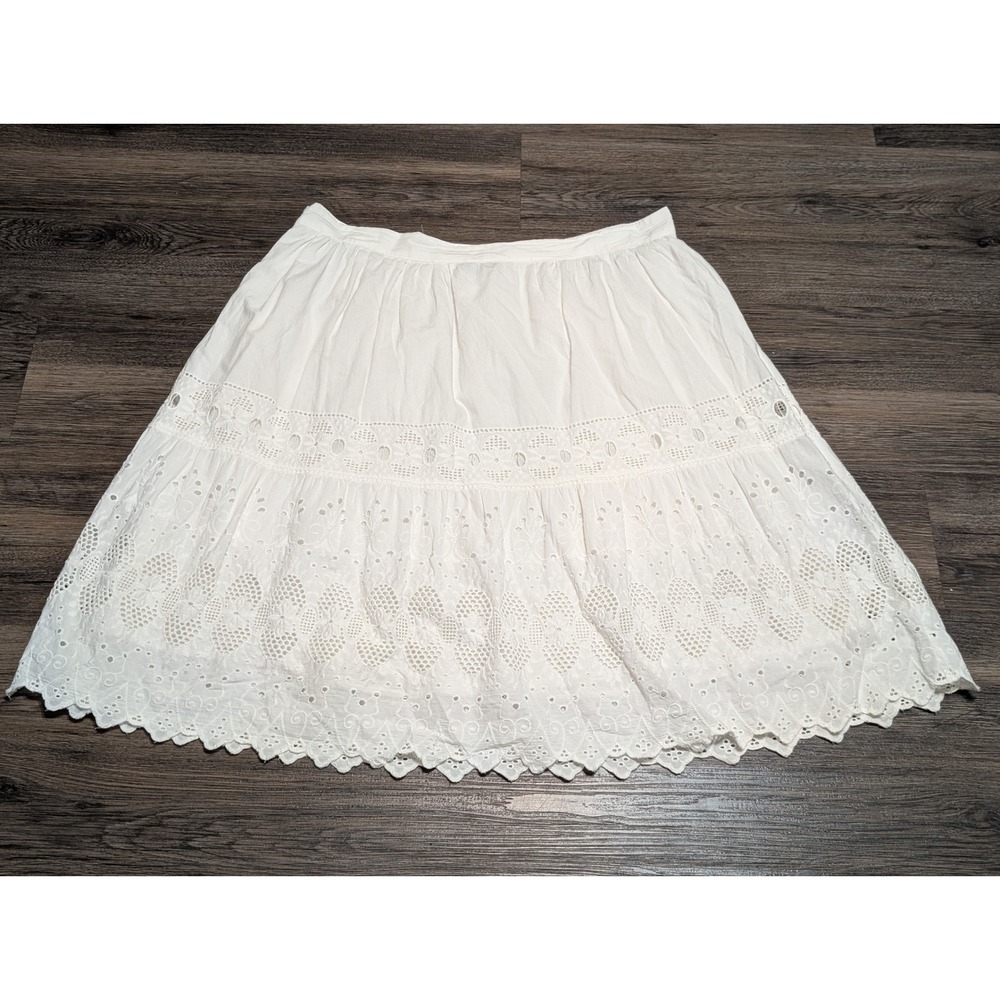 Studio West White Cotton Eyelet Lace Tiered Skirt XL Scalloped Hem Boho Summer